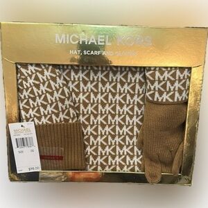 Michael Kors Logo Camel/Tan Gloves, Hat and Scarf Set